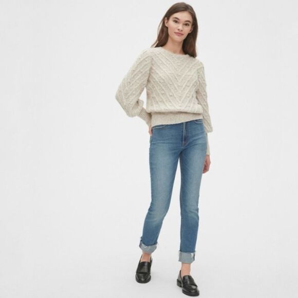 GAP Heather Oatmeal Cream Crew Neck Sweater Bobble Textured Knit Puff Sleeves M - Picture 3 of 13